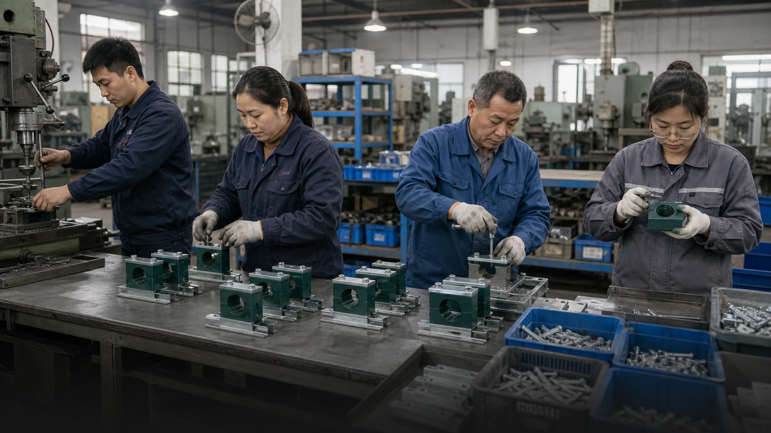 Línea de producción y montaje de abrazaderas Weique en Yancheng — mecanizado CNC y estaciones de inspección