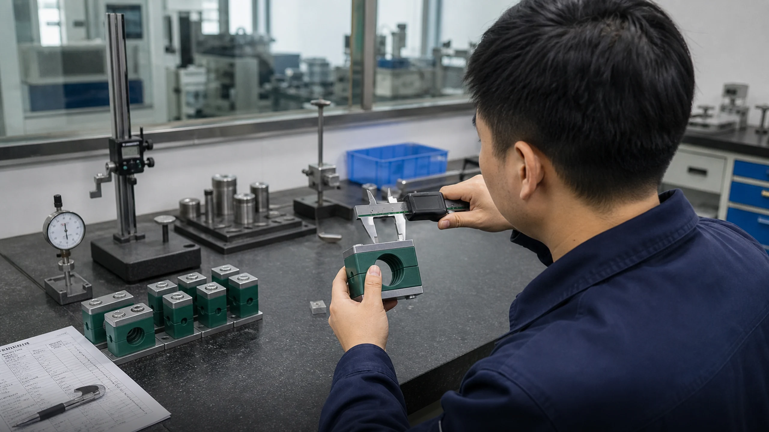 Laboratorio interno de inspección de calidad Weique — control dimensional de cuerpos de abrazadera